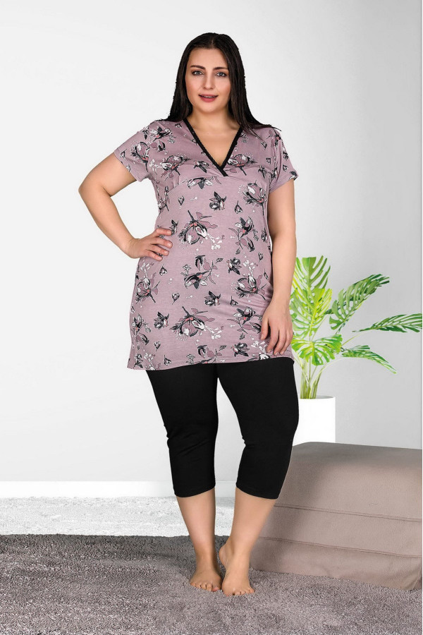 lady 10525 büyük beden sarı siyah renk ve  leopar desenli kapri pijama takımı, lady10526, lady pijama takımı, Lady