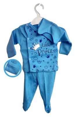 Mavi Renk ve Desenli, Pamuk Kumaş Yeni Doğan Hastane Çıkışı 3 lü  Erkek Bebek Zıbın Takım