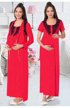 Kırmızı Renk Quilling Seti JNK-26720 Sabahlıklı 2 Parça Lohusa - Hamile Gecelik Takım