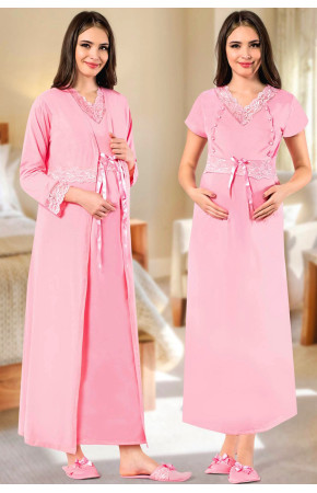 Pembe Renk Quilling Seti JNK-27763 Sabahlıklı 2 Parça Lohusa - Hamile Gecelik Takım