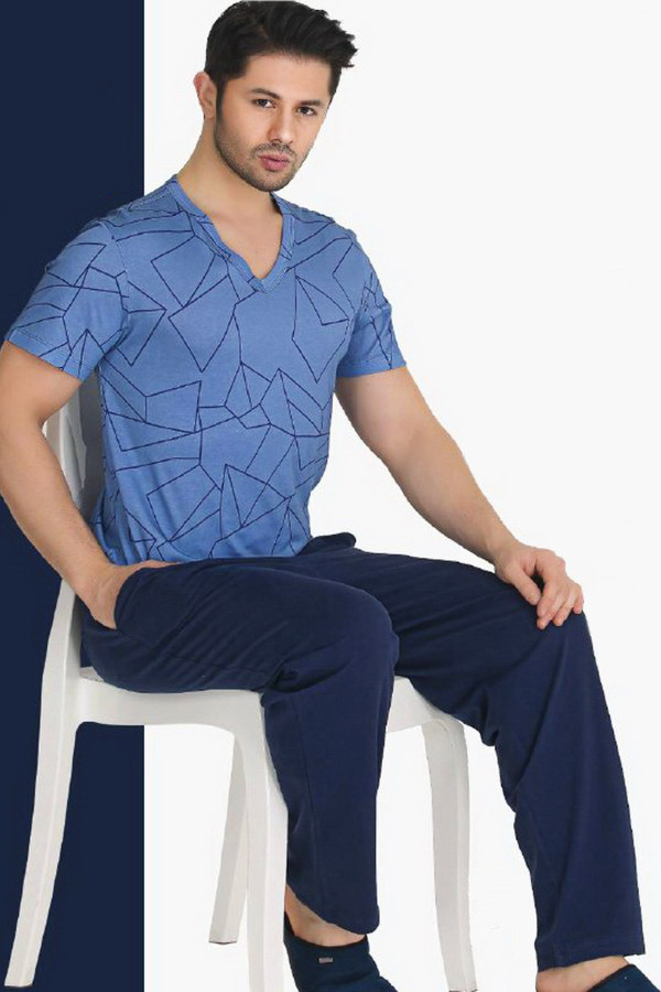 Modal Kumaş Mavi-Lacivert Renkli Teknur TKRN-30830 Erkek Kısa Kol Pijama Takımı