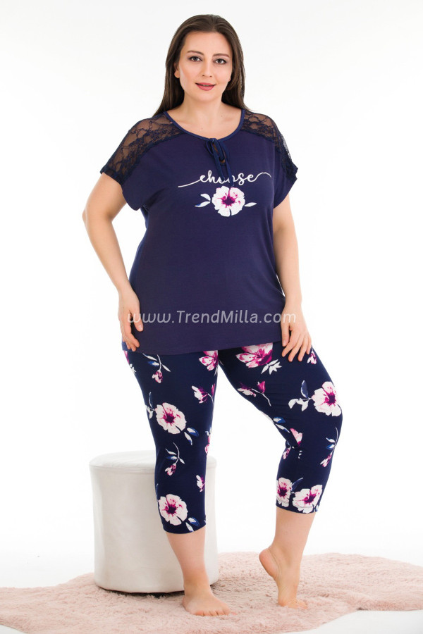 lacivert renk ve çiçek desenli lady 10677 büyük beden kapri pijama takımı, lady10677-2xl, lady pijama takımı, LADY10677-2XL