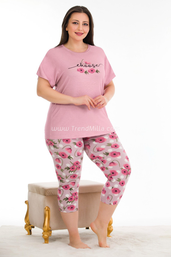 gül kurusu renk ve çiçek desenli lady 10681 büyük beden kapri pijama takımı, lady10681-2xl, lady pijama takımı, LADY10681-2XL