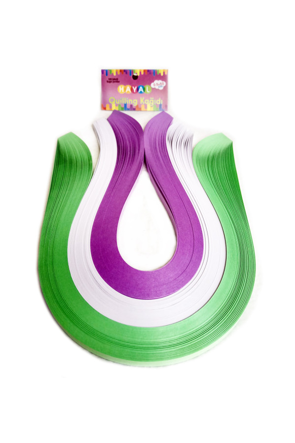 quilling kağıdı - açık yeşil, beyaz ve lila 300lü, qks-3005-5m, 5 mm karışık renkli 300 adetli quilling kağıtları, Quilling Seti