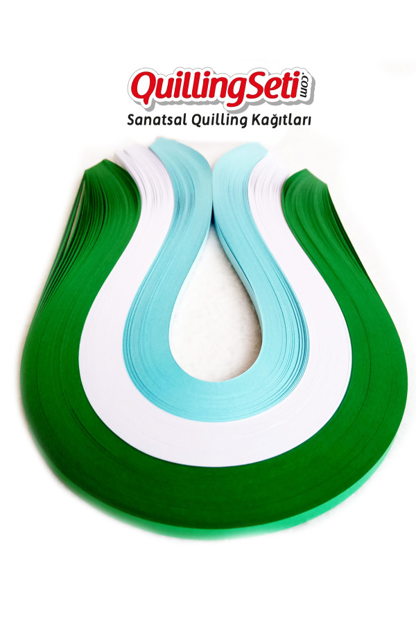 quilling kağıdı - koyu yeşil, beyaz ve açık mavi 300lü, qks-3011-5m, 5 mm karışık renkli 300 adetli quilling kağıtları, Quilling Seti