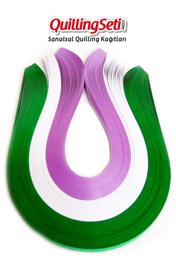 quilling kağıdı - koyu yeşil, beyaz ve lila 300lü, qks-3003-5m, 5 mm karışık renkli 300 adetli quilling kağıtları, Quilling Seti