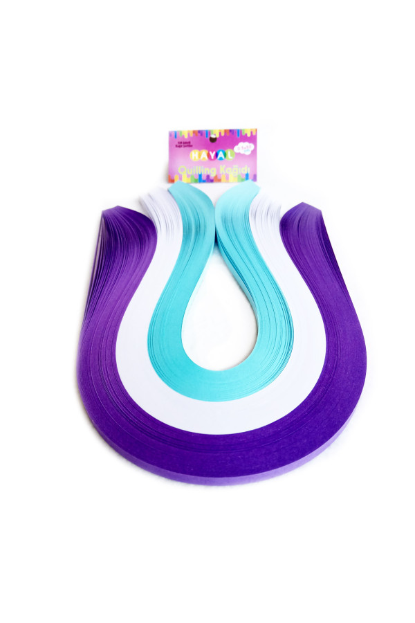 quilling kağıdı - mor, beyaz ve açık mavi 300lü, qks-3017-5m, 5 mm karışık renkli 300 adetli quilling kağıtları, Quilling Seti