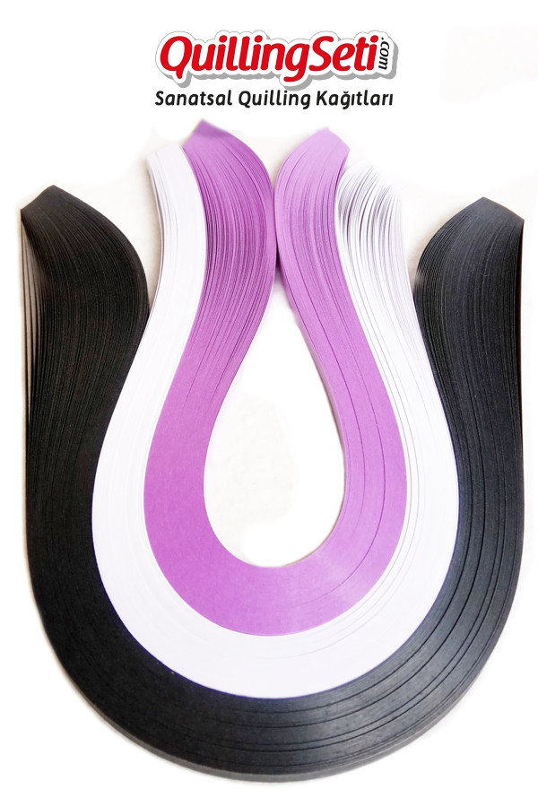 quilling kağıdı - siyah, beyaz ve lila 300lü, qks-3010-5m, 5 mm karışık renkli 300 adetli quilling kağıtları, Quilling Seti