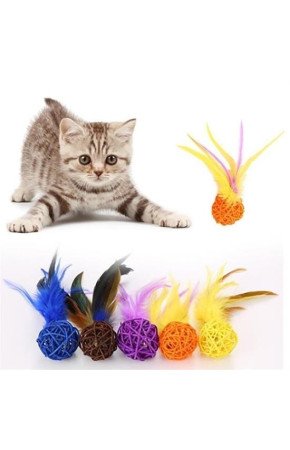 2li Rattan Renkli Peluş Tüy Kedi Köpek Oyuncak Yakalama Çiğneme Çıngıraklı Top Oyuncağı