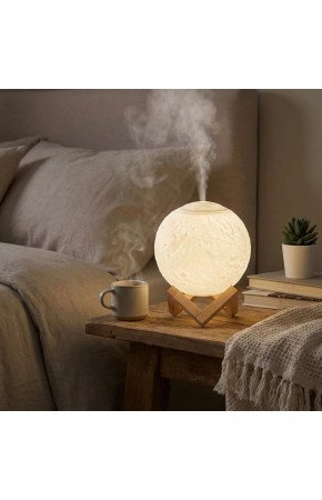 3D Ay Tasarımlı Su Yenilemeli USB Hava Nemlendiricisi – Dokunmatik, 3 Renk Işık Modlu (Gün Işığı / Beyaz / Sarı Işık) Gece Lambası