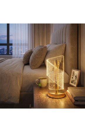 Çapraz Kavisli Kristal Simli LED Masa Lambası – Gold Gövdeli, Dokunmatik, 3 Kademe Işık Ayarlı Şarjlı Dekoratif Lamba