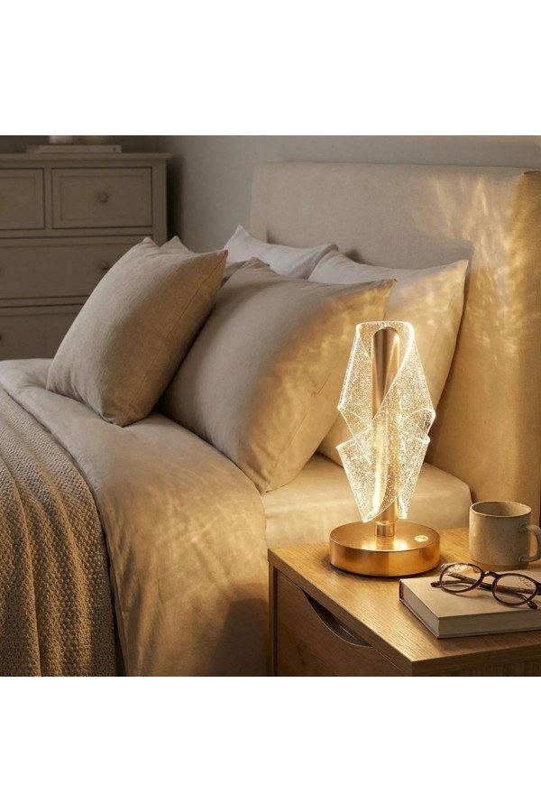 çapraz kavisli ters kristal simli led masa lambası – gold gövdeli, dokunmatik, 3 kademe işık ayarlı şarjlı dekoratif lamba, stms16yt001, aydınlatma ürünleri, Buffer