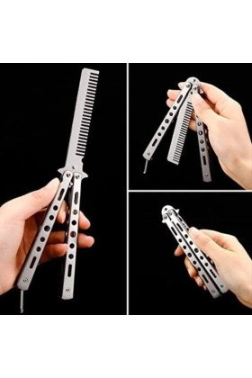 Gri Katlanabilir Paslanmaz Çelik Kelebek Bıçak Tarak Sakal Bıyık Fırçası Profesyonel Saç Kesimi İçin Tarak