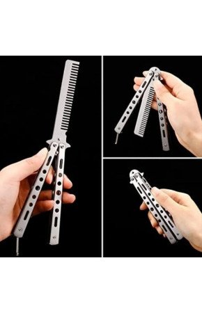 Gri Katlanabilir Paslanmaz Çelik Kelebek Bıçak Tarak Sakal Bıyık Fırçası Profesyonel Saç Kesimi İçin Tarak