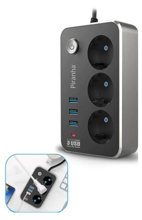 Isıya Dayanıklı Termal Akım Korumalı 2 Mt 10A 2500W 3lü Priz ve 3 Usbi 21A Uzatma Kablosu