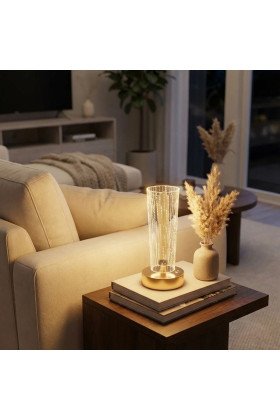 Silindirik Kristal Nokta Model LED Masa Lambası – Gold Tabanlı, Dokunmatik, 3 Renk Işık Modlu, Şarjlı Modern Dekoratif Gece Lambası
