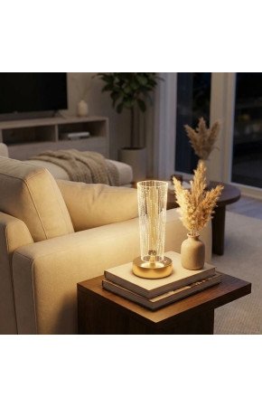 Silindirik Kristal Nokta Model LED Masa Lambası – Gold Tabanlı, Dokunmatik, 3 Renk Işık Modlu, Şarjlı Modern Dekoratif Gece Lambası