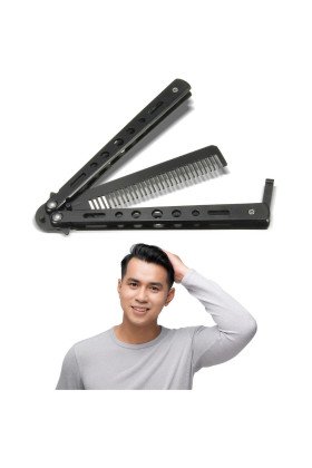 Siyah Katlanabilir Paslanmaz Çelik Kelebek Bıçak Tarak Sakal Bıyık Fırçası Profesyonel Saç Kesimi İçin Tarak