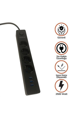 Termal Akım Korumalı 4 Priz 3 USB Girişli Uzatma Kablosu Güç&Şarj