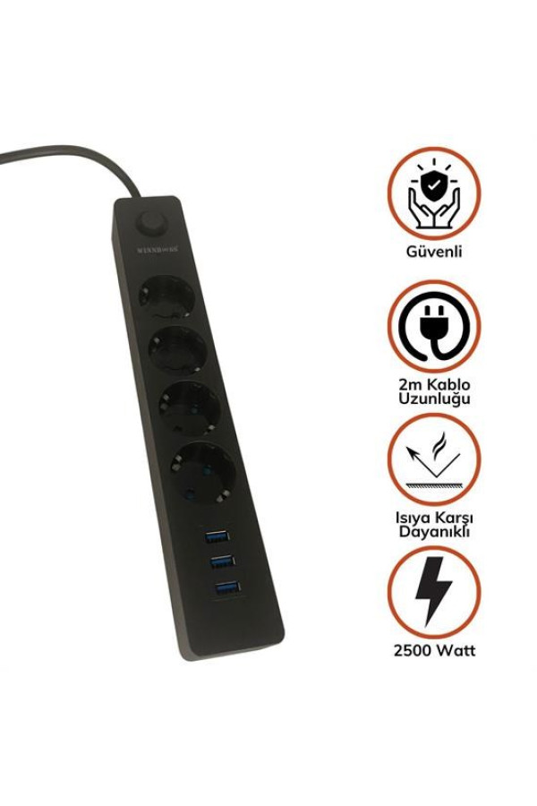 termal akım korumalı 4 priz 3 usb girişli uzatma kablosu güç&şarj, 8683270831479, elektrik malzemeleri, Buffer